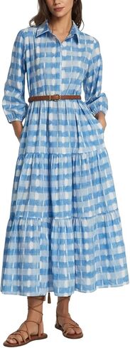 D-Sun Women Long Sleeve Maxi Dress V Neck Button Down Flowy Tiered Ruffle Shirt Dress Casual Fall Long Dresses in Saudi Arabia