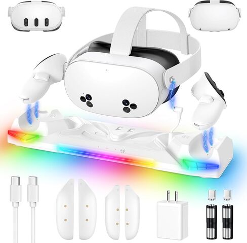 قاعدة شحن لـ Meta Quest 3 & Quest 3S، محطة شحن سريعة Kinwin 30W لملحقات Oculus Quest 3S مع ضوء RGB، حامل شاحن VR لسماعات الرأس وجهاز التحكم مع بطاريتين قابلتين للشحن in Saudi Arabia