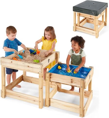 Plum Wooden Sand and Water Table with Cover, 2 Toddler Sensory Table, Summer Outdoor Activity, Sensory Playset, Kids Outdoor Play Equipment, Sturdy, Durable, Weatherproof, Easy to Clean, Age 18+Months in Saudi Arabia