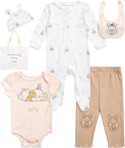 Disney Newborn Baby Girl Boy Clothes - 7 Piece Mickey Mouse Winnie the Pooh Bib Onesie Overall Beanie Pants Gift Bag Gift Set in Saudi Arabia