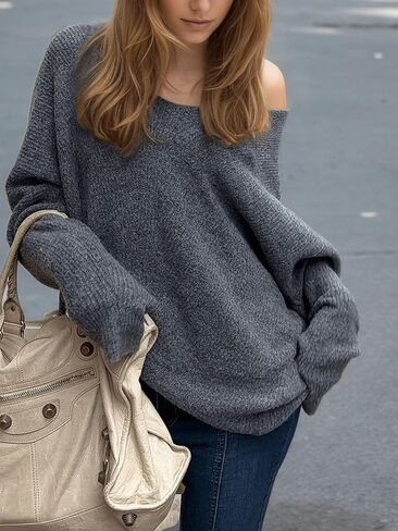 Womens Off The Shoulder Neck Long Sleeve Knitted Solid Color Loose Cozy Fashion Trendy Sweater in Saudi Arabia
