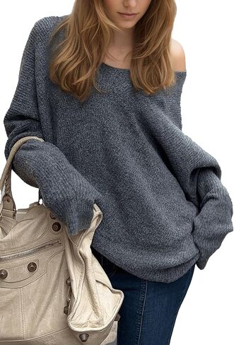 Womens Off The Shoulder Neck Long Sleeve Knitted Solid Color Loose Cozy Fashion Trendy Sweater in Saudi Arabia