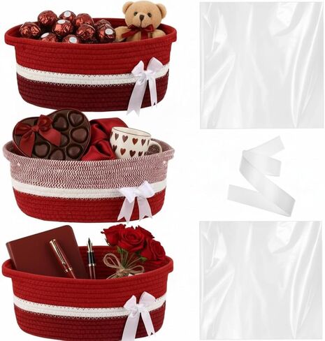 Colingmill 3 Pack Small Bow Woven Basket Empty with Handles Gift Bags and Ribbon 12" x 8" x 5" Gift Baskets to Fill Storage Box Pet Toy Wedding Presents Christmas Birthday(Brown) in Saudi Arabia