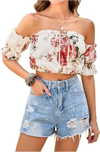 Milumia Women's Floral Off Shoulder Blouse Puff Short Sleeve Frill Trim Tie Front Crop Top in Saudi Arabia