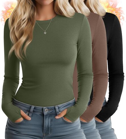 Huukeay 3 Pack Women's Thermal Shirts Long Sleeve Basic Tops with Thumb Holes Slim Fit T-Shirts Casual Underscrubs Layer in Saudi Arabia