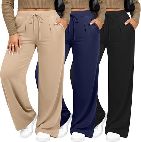 3 Pack Women's Plus Size Wide Leg Yoga Pants, Drawstring Lounge Sweatpants Loose Casual Workout Pants with Pockets in Saudi Arabia
