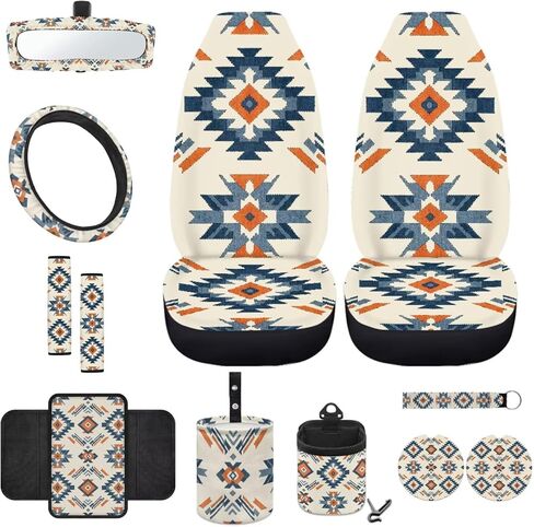Wanyint Aztec Cow Print Brown Teal 12 Pcs Front Car Seat Cover Set with Bucket Seat Cover Steering Wheel Cover Seat Belt Pad Armrest Cover Coaster Trash Bag Air Vent Bag Rearview Mirror Cover Keychain in Kuwait