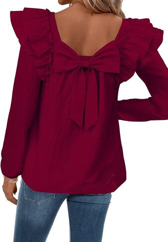 Womens Bow Tie Back Tops Square Neck Long Ruffle Sleeve Shirts Cute Babydoll Chiffon Texture Women Fall Trendy Tunic in Saudi Arabia