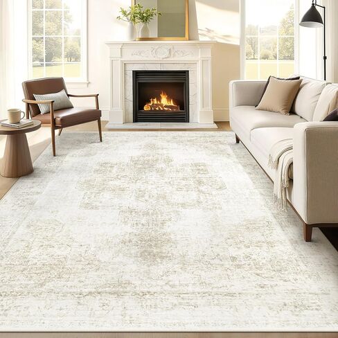 8x10 Area Rugs for Living Room, Washable Vintage Boho Medallion Rug Soft Non Slip Large Area Rug Stain Resistant Indoor Retro Carpet for Bedroom Nursery Kids Dining Room Home Office(Beige, 8'x10') in Kuwait