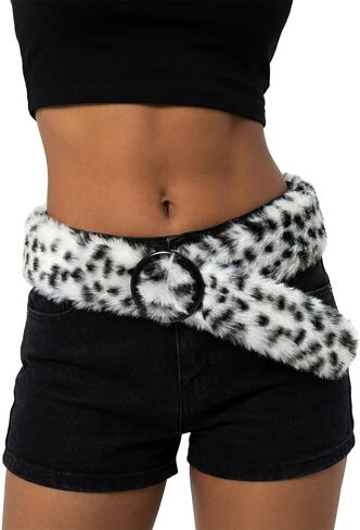 Faux Fur Leopard Belt Women Furry Belt Chunky Waist Belts Vintage Fashion Accessory Dresses and Pants in Kuwait