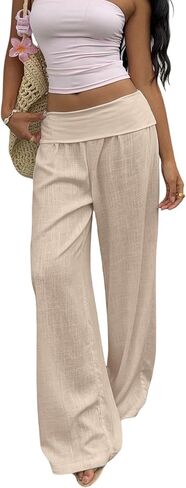 Women's Wide Leg Linen Pants Low Rise Foldover Casual Lounge Pants Vacation Trousers in Kuwait