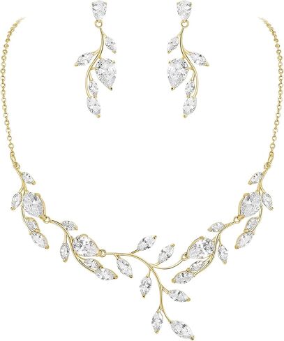 مجموعة مجوهرات الزفاف النسائية من Crysdue للعرائس ووصيفات العروس مكعب زركونيا زهرة ليف قلادة متدلية أقراط للحفلات الراقصة in Kuwait