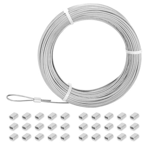 3/32 in Stainless Steel Cable Wire Rope 100ft, 7x7 Strand Stainless Steel Aircraft Cable, for Deck Railing, String Light Hanging, Marine Rigging, Garden Wire with 30 M2.5 Crimping Loops in Saudi Arabia
