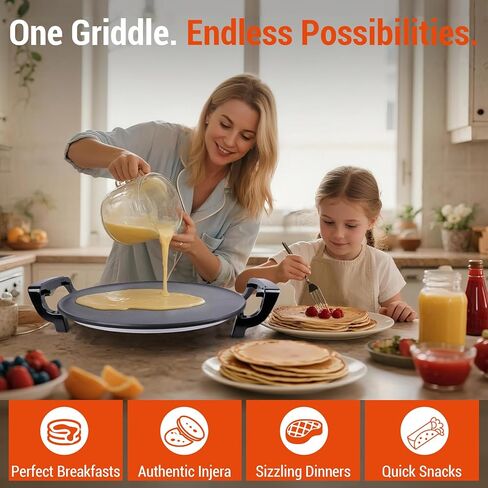18.5" Electric Griddle & Injera Maker for Ethiopian Injera, Somalian Anjero, Teff, Mitad, Mogogo, Crepes - with Lid, Nonstick Surface, Easy to Clean, Adjustable Control, Even Heating in Saudi Arabia