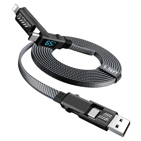كابل USB C 4 في 1 مع كابل عرض LED 65 وات سلك شاحن شحن سريع [مزامنة بيانات 480 ميجابت في الثانية] كابل شاحن متعدد كومبو نوع C/USB A/L لجهاز MacBook Pad Phone16/15/14/13 Samsung [6.56FT، أصفر] in Saudi Arabia