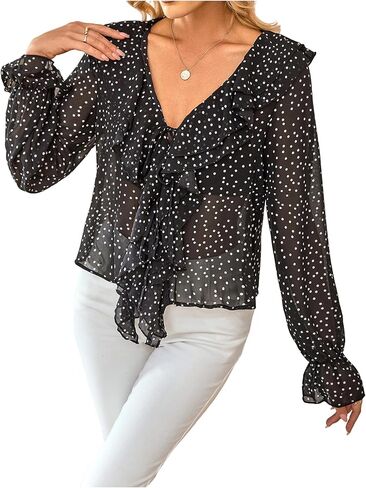 WDIRARA Women's Polka Dots Ruffle Trim V Neck Blouse Long Flounce Sleeve Top Shirt in Saudi Arabia