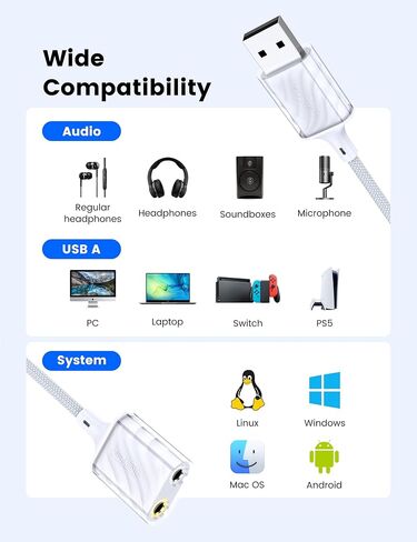 MOSWAG USB إلى محول صوت 3.5 مم ، بطاقة صوت استريو خارجي مع سماعة رأس مزدوجة 3-POLE 3-POLE ومحول مقبس الميكروفون ل PS4/PS5/PC/جهاز كمبيوتر محمول ، محول سماعات الرأس المدمج في رقاقة الميكروفون in Saudi Arabia