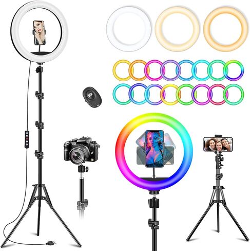 13" RGB Selfie Ring Light with Stand 76" Tall & 2 Phone Holders, Tablet Holder, Sunset Lamp & 51 Color Modes, Desk Tripod, 12 Dimming Levels Halo Light, LED Camera Ringlight for iPhone/TikTok/YouTube in Saudi Arabia