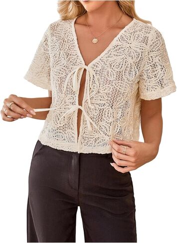 GORGLITTER Women's Tie Front Mesh Summer Tops Floral Embroidered Short Sleeve V Neck Beach Blouses Shirt 2025 in Saudi Arabia