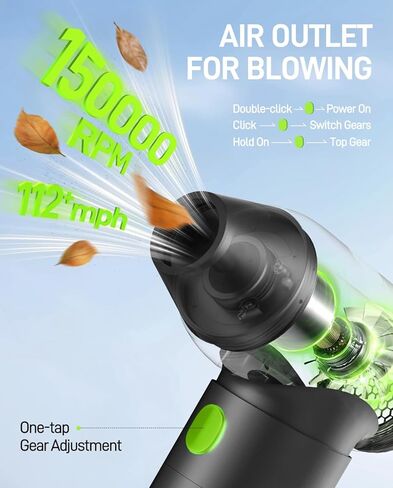 Duster Air Air مضغوط-150000 دورة في الدقيقة قابلة لإعادة الشحن منفاخ غبار كهربائي في 4-gear قابل للتعديل مع بطارية 4400 مللي أمبير في الساعة ، منظف هواء صغير من الألومنيوم ميني جليدي للكمبيوتر ولوحة المفاتيح والسيارة والمنزل in Kuwait
