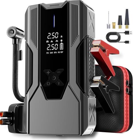 جهاز تشغيل القفز المحمول في حالات الطوارئ مع ضاغط هواء - 3000 أمبير 150 رطل لكل بوصة مربعة للسيارات والشاحنات وسيارات الدفع الرباعي حتى 9 لتر غاز/7 لتر ديزل، وبنك طاقة محمول 12000 مللي أمبير في الساعة، -20 درجة فهرنهايت بداية باردة (فضي) in Kuwait