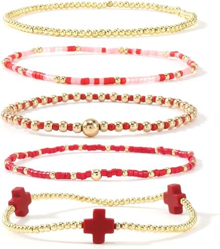Gold Beaded Bracelets for Women - Stackable Cross Bracelet Stretch Gold Beads Stack Handmade Boho Dainty Non Tarnish Religious Jewelry Trendy Summer Friendship Christian Gift for Women in Kuwait