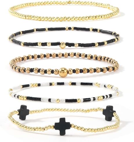 Gold Beaded Bracelets for Women - Stackable Cross Bracelet Stretch Gold Beads Stack Handmade Boho Dainty Non Tarnish Religious Jewelry Trendy Summer Friendship Christian Gift for Women in Kuwait