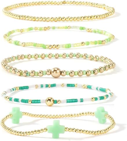 Gold Beaded Bracelets for Women - Stackable Cross Bracelet Stretch Gold Beads Stack Handmade Boho Dainty Non Tarnish Religious Jewelry Trendy Summer Friendship Christian Gift for Women in Kuwait