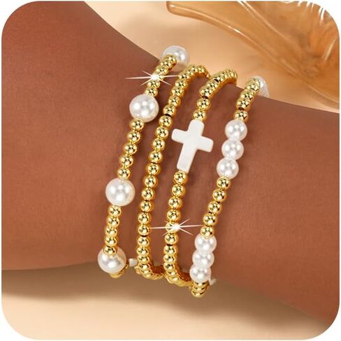 Gold Beaded Bracelets for Women - Stackable Cross Bracelet Stretch Gold Beads Stack Handmade Boho Dainty Non Tarnish Religious Jewelry Trendy Summer Friendship Christian Gift for Women in Kuwait