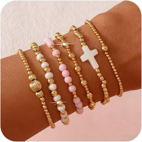 Gold Beaded Bracelets for Women - Stackable Cross Bracelet Stretch Gold Beads Stack Handmade Boho Dainty Non Tarnish Religious Jewelry Trendy Summer Friendship Christian Gift for Women in Kuwait