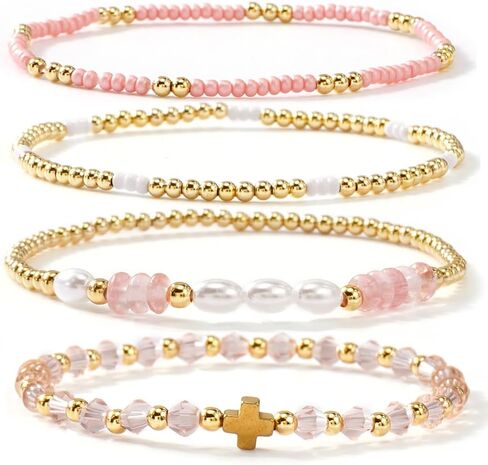 Gold Beaded Bracelets for Women - Stackable Cross Bracelet Stretch Gold Beads Stack Handmade Boho Dainty Non Tarnish Religious Jewelry Trendy Summer Friendship Christian Gift for Women in Kuwait
