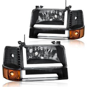 مجموعة المصابيح الأمامية LED DRL، مجموعة المصابيح الأمامية متوافقة مع 1997-2004 Ford F150/1997-1999 F250، تناسب 1997-2002 Ford Expedition استبدال المصابيح الأمامية من الكروم عاكس العنبر in Kuwait