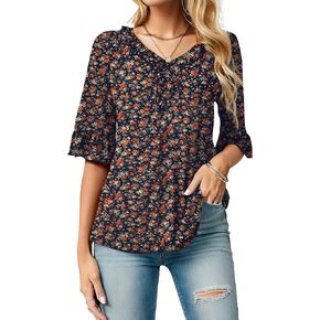 Womens V Neck Ruffle 3/4 Length Sleeve Dressy Shirts Casual Loose Tunic Tops Summer Blouses in Kuwait