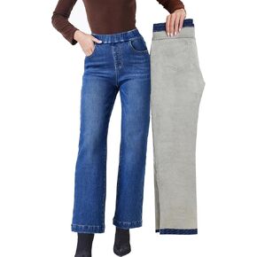 جينز Fakanhui نسائي واسع الساق مبطن بالصوف جينز شتوي حراري مبطن بالفلانيل جينز فضفاض يسحب على الجينز in Kuwait