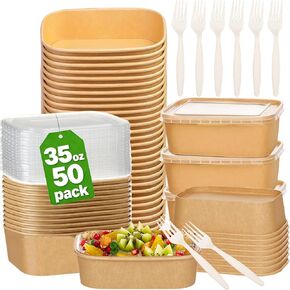 50-Pack 29oz Disposable Kraft Paper Bowls 【with Lids and Forks】, Rectangle Cardboard Meal Prep Containers,Paper Leakproof Food Containers,Soup Serving Bowl for Hot/Cold Food-Microwave Safe in Kuwait