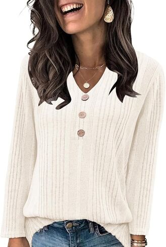 VUTRU Long Sleeve Top for Women Henley Shirts Tunic Sweater Knit Fall Casual V Neck Pullover Loose Fit Dressy with Leggings in Kuwait