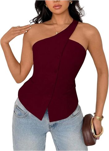 Floerns Women's One Shoulder Sleeveless Suit Vest Blazer Button Down Business Casual Waistcoat in Kuwait