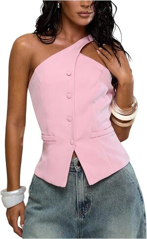 Floerns Women's One Shoulder Sleeveless Suit Vest Blazer Button Down Business Casual Waistcoat in Kuwait