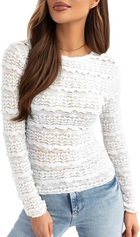 Womens Slim Fit Lace Mesh Top Mock Neck Long Sleeve See Through Shirt Blouses Tops Fall Outfits 2025 in Saudi Arabia