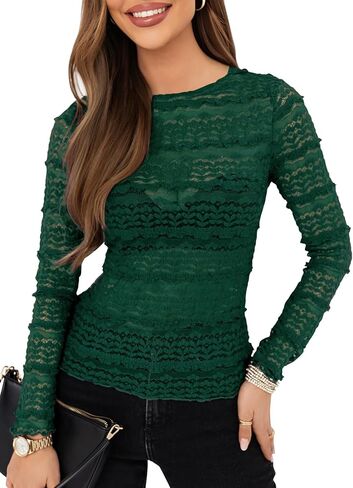 Womens Slim Fit Lace Mesh Top Mock Neck Long Sleeve See Through Shirt Blouses Tops Fall Outfits 2025 in Kuwait
