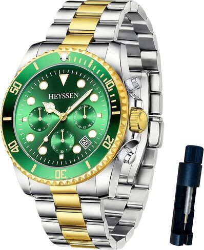 Watches For Men Quartz Stainless Steel: Dress Watch For Mens Wrist Luxury Gold And Silver Metal Two Tone Black Dial Big Analog Classic Diver Waterproof Chronograph Green Face Business Man Gift in Saudi Arabia