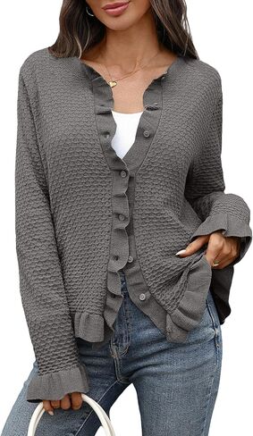 Women's Ruffle Cardigan Sweaters Knit Texture Crew Neck Cropped Long Sleeve Button Down Tops in Kuwait