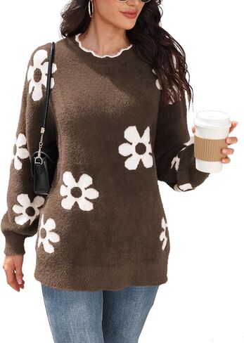 Women's Knit Pullover Jumper Top Round Neck Long Sleeve Fuzzy Sweaters Casual Loose Fall Winter in Saudi Arabia