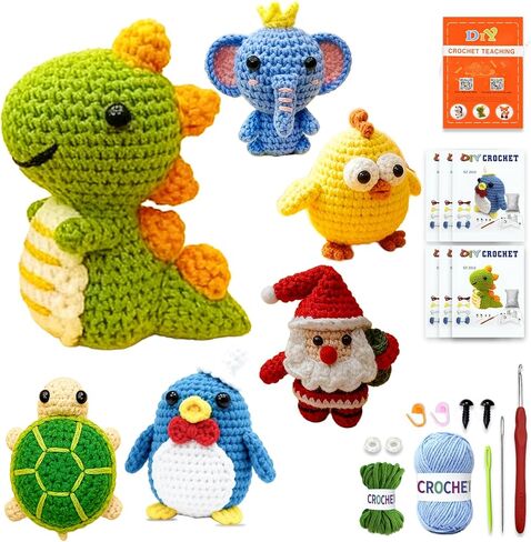 طقم كروشيه LIVIKEY مكون من 6 قطع للمبتدئين - مجموعة كروشيه كاملة للبالغين والأطفال - طقم كروشيه على شكل حيوانات على طراز Woobles مع غزل ناعم ودروس فيديو خطوة بخطوة in Kuwait