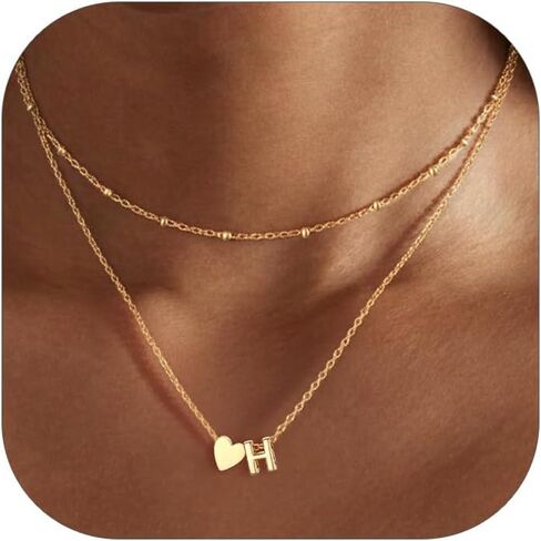 FOCALOOK Layered Initial Necklace for Women, 14K Gold Plated Choker Necklaces Stacks with Initial A-Z, Dainty Silver Heart Pendant Necklace Personalized Birthday Women Jewelry in Kuwait