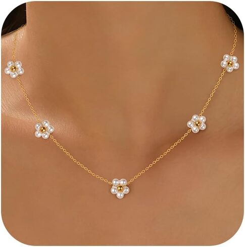 925 Sterling Silver Daisy Pearl Pendant Necklace for Woman 14K Gold Plated Dainty Pearl Choker Flower Necklaces to Daughter Mother Minimalist Elegant Trendy Christmas Wedding Jewelry Gift in Saudi Arabia