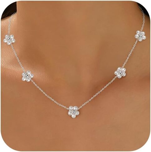 925 Sterling Silver Daisy Pearl Pendant Necklace for Woman 14K Gold Plated Dainty Pearl Choker Flower Necklaces to Daughter Mother Minimalist Elegant Trendy Christmas Wedding Jewelry Gift in Kuwait