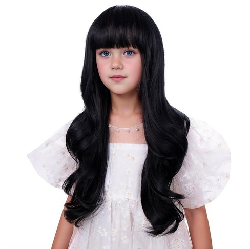 Kids Mixed Brown Wig Long Dark Brown Wig with Flat Bangs for Child Girls Long Brown Wavy Curly Wigs Heat Resistant Synthetic Wigs with Cap in Saudi Arabia