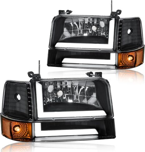 مجموعة المصابيح الأمامية LED DRL، مجموعة المصابيح الأمامية متوافقة مع 1997-2004 Ford F150/1997-1999 F250، تناسب 1997-2002 Ford Expedition استبدال المصابيح الأمامية من الكروم عاكس العنبر in Kuwait