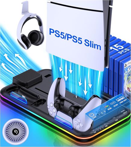 PS5 Slim Stand و Turbo Cooling Station مع محطة شحن وحدة تحكم للمسرحيات 5 ، مجموعات ملحقات PS5 مدفوعة. 3 مستويات مروحة التبريد ، 15 فتحة لعبة ، حامل سماعات الرأس لـ P5 الرقمية/القرص in Kuwait